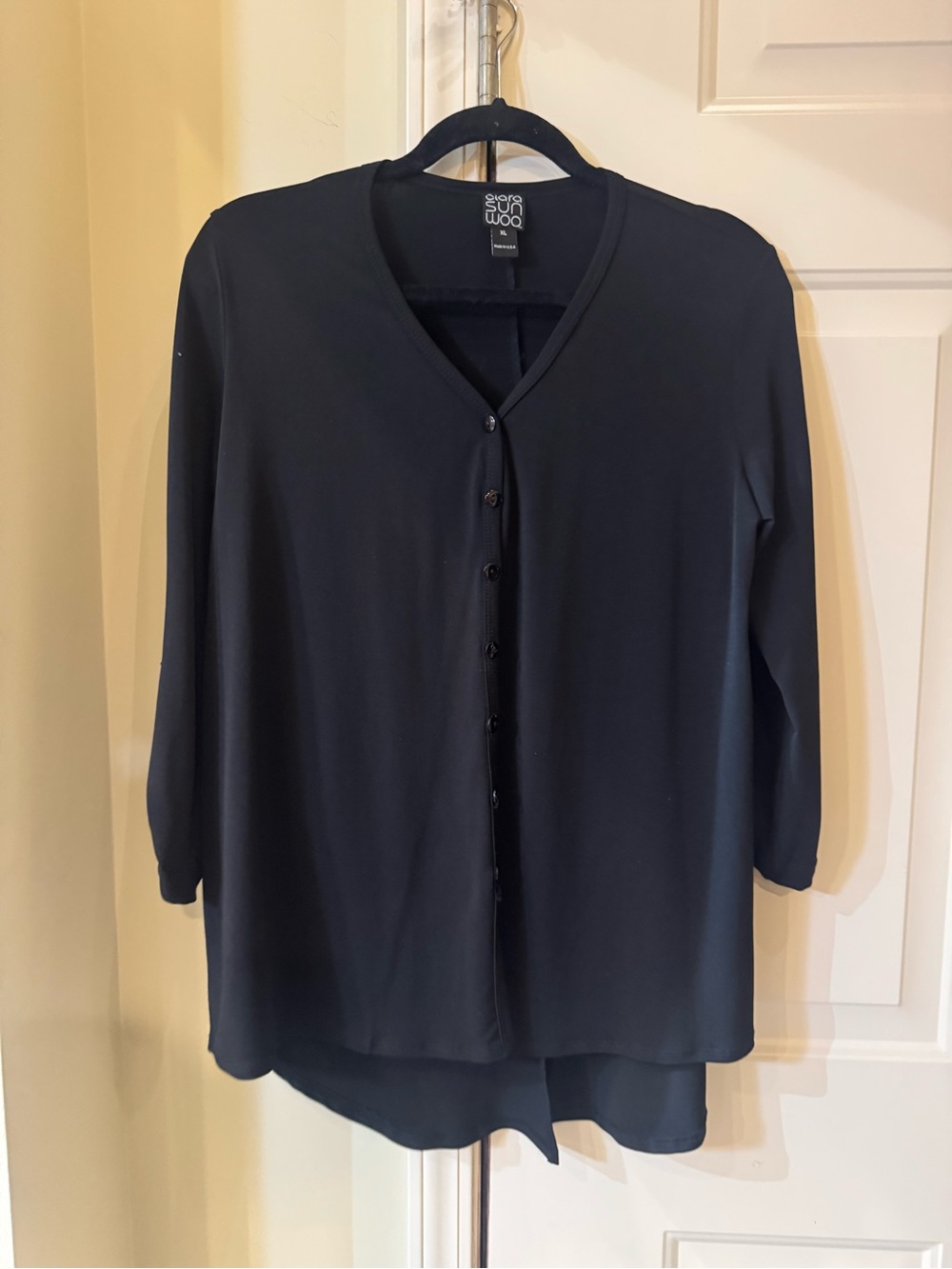 Clara Sun Woo Black Button-Front V-Neck Blouse Roll‎ up button sleeves XL